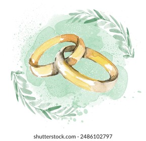 Gold rings for weddings, engagements on a green background. Rings, jewelry on a background with leaves, watercolor spots. Wedding accessories in sketch style - Powered by Shutterstock