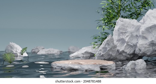 gold rock product display podium with water reflection and bamboo tree on blue background. 3D rendering