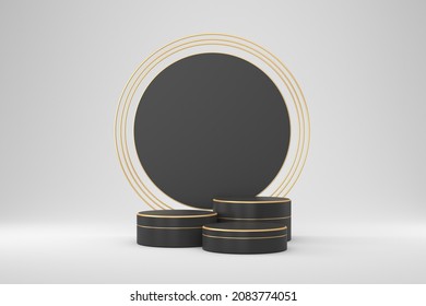 Gold Round Frames And A Three-cylinder Podium. Empty Black Plinth With Gold Decor. 3D Rendering. Presentation Stand On A White Background.