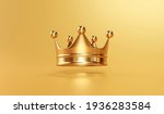 Gold royal king crown on golden background with emperor treasure. 3D rendering.