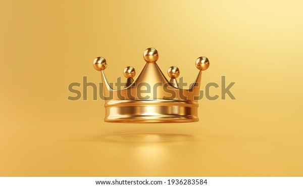 Gold royal king crown on golden background\
with emperor treasure. 3D\
rendering.