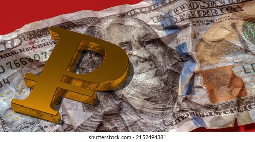 Gold The Ruble Logo On The Top Of The Crumpled US Dollar. 3d Rendering.