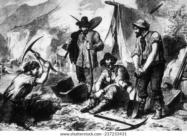 The Gold\
Rush, gold miners in California,\
1849.