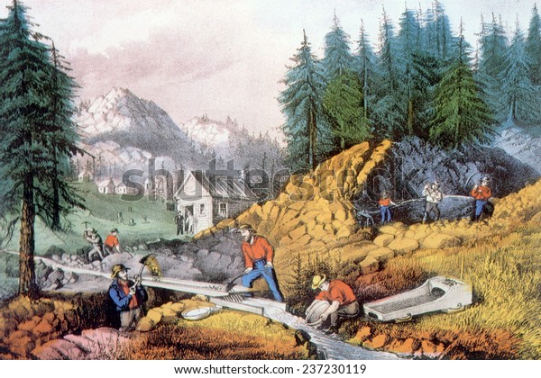 The Gold Rush, gold mining in\
California, ca. 1849, lithograph by Currier & Ives,\
1871.