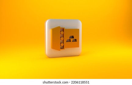 Gold Safe With Gold Bars Icon Isolated On Yellow Background. Precious Metals On Deposit In Bank. Metallic Treasury. Reliable Data Protection. Silver Square Button. 3D Render Illustration.