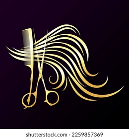 Gold scissors and hair stylist comb with curls. Unique design for hair stylist and beauty salon - Powered by Shutterstock