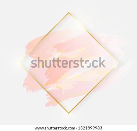 Gold shiny glowing rhombus frame with rose pastel brush strokes isolated on white background. Golden luxury line border for invitation, card, sale, fashion, wedding, photo etc.