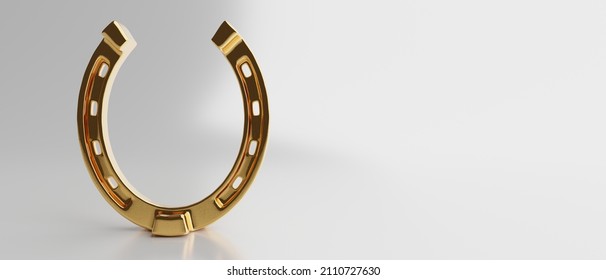 Gold Shiny Horseshoe Isolated On White Empty Background. Golden Metal Horse Shoe With Hole, Talisman, Fortune. Copy Space, Banner. 3d Illustration