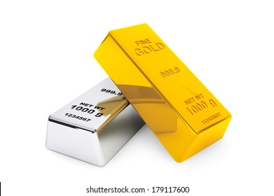 Gold And Silver Bars On A White Background