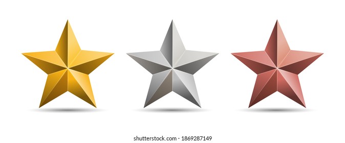 Gold Silver Bronze 3D Metal Stars Isolated On White Background. Illustration