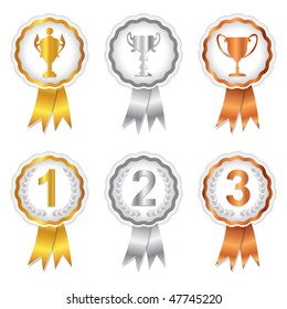 Gold, Silver And Bronze Rosette Badges With Trophy And Place Numbers For 1st, 2nd And 3rd. A Vector Version Of This Image Is Also Available In My Portfolio.