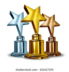 Gold Silver And Bronze Star Trophies And Trophy Award As The Best Three Winners In A Competition As A Symbol Of Achievement And Entertainment Recognition From Your Peers And Success On White.