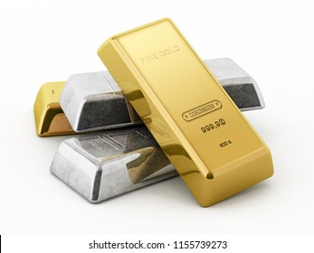 Gold And Silver Ingots Isolated On White Background. 3D Illustration.