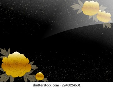 Gold and silver lacquer work of peony flowers on black background, copy space available