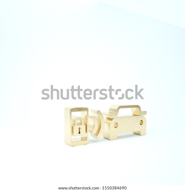 Gold Smart car alarm system icon\
isolated on white background. The smartphone controls the car\
security on the wireless. 3d illustration 3D\
render