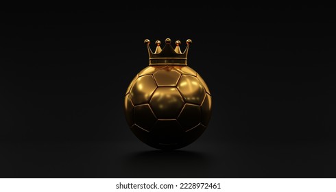 Gold soccer ball or football isolated on black 3d illustration dark background with sport winner championship tournament and golden king crown competition trophy champion cup of victory honor prize. - Powered by Shutterstock