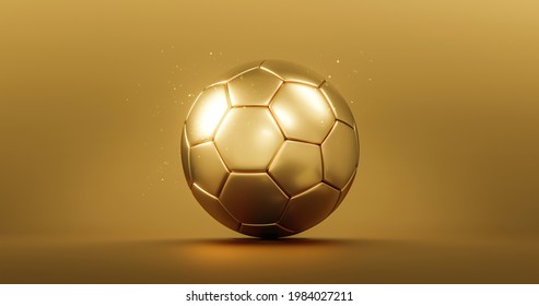Gold soccer ball or golden football champion award on competition background with winner trophy championship. 3D rendering.
