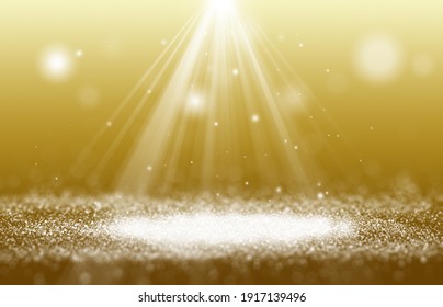 Gold Sparkle Rays Glitter Lights With Bokeh Elegant Show On Stage Abstract Background. Dust Sparks Background.Spotlight Background