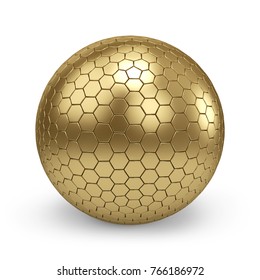 Gold Sphere With Honeycomb Pattern Isolated On White Background. 3D Rendering. Golden Textured Ball.