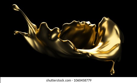 Gold splash on black background. 3d rendering.