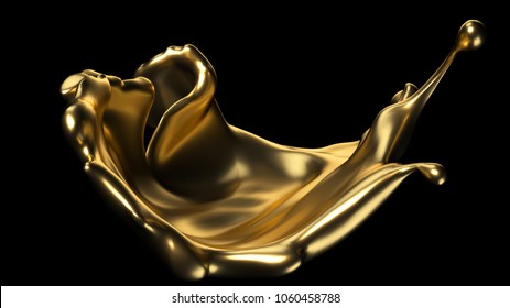 Gold splash on black background. 3d rendering.