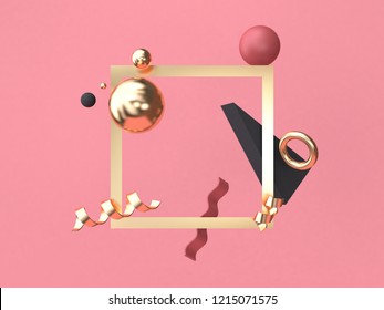 Gold Square Frame Red-pink Background Minimal Abstract Geometric Shape Floating 3d Rendering