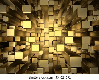 Gold squares extruded abstract background , 3d