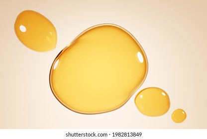Gold stains of oil, serum droplets or honey on beige background. Bubbles collagen essence, mockup liquid yellow drops of cosmetic or food oil, 3d illustration top view on clear yellow puddles of water