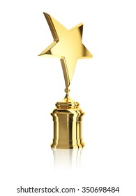 Gold Star Award On Stand Isolated On A White Background