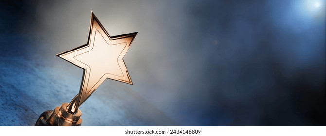 Gold star on a blue background as a reward. First place in a computer game. Top Performance Award. Winners Cup. Goal achievement concept. Winner certificate. Achievements. Victory. 3D rendering. - Powered by Shutterstock