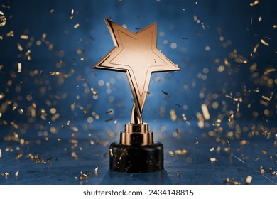 Gold star on a blue background as a reward. Top Performance Award. Winners Cup. Achievements. Victory. Goal achievement concept. Winner certificate. First place in a computer game. 3D rendering. - Powered by Shutterstock