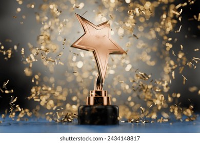 Gold star on a blue background as a reward. Winner certificate. First place in a computer game. Top Performance Award. Winners Cup. Achievements. Victory. Golden confetti. 3D rendering. - Powered by Shutterstock