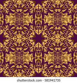Gold star pattern, star decorations, golden grid on a purple background. Luxury gold seamless pattern with stars.