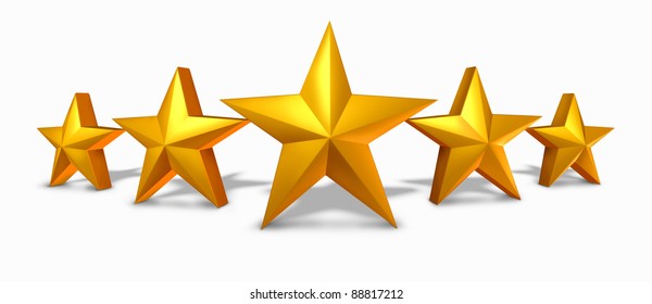 Gold Star Rating With Five Golden Stars Representing An Award Of Excellence And Luxury As A Symbol And Concept Of Competition Success And Best Quality With A White Background.