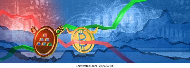 Gold Stock Prices Fall In Btc. Worldwide Financial Stability. Bearish Commodity Market Concept. 3d Illustration Of Cheap Asset