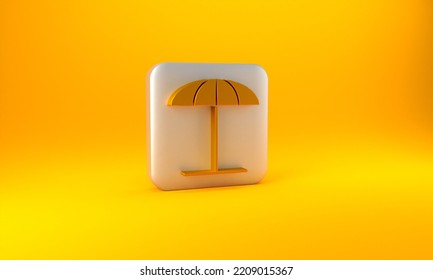 Gold Sun Protective Umbrella For Beach Icon Isolated On Yellow Background. Large Parasol For Outdoor Space. Beach Umbrella. Silver Square Button. 3D Render Illustration.