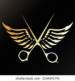 Gold symbol for beauty salon and stylist. Scissors and golden wings - Powered by Shutterstock