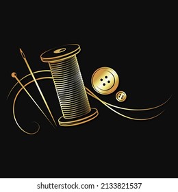 Gold Symbol For Sewing And Cutting. Needle And Spool Of Thread