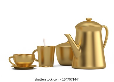 Gold  Tea Set Isolated On White Background, 3D Render. 3D Illustration.