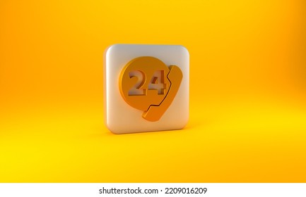 Gold Telephone 24 Hours Support Icon Isolated On Yellow Background. All-day Customer Support Call-center. Full Time Call Services. Silver Square Button. 3D Render Illustration.