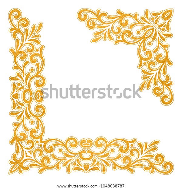 Gold textured\
vintage corners on white background. Elegant hand drawn retro\
floral border. Design element for wedding invitation or menu,\
banner, postcard, save the date card.\
