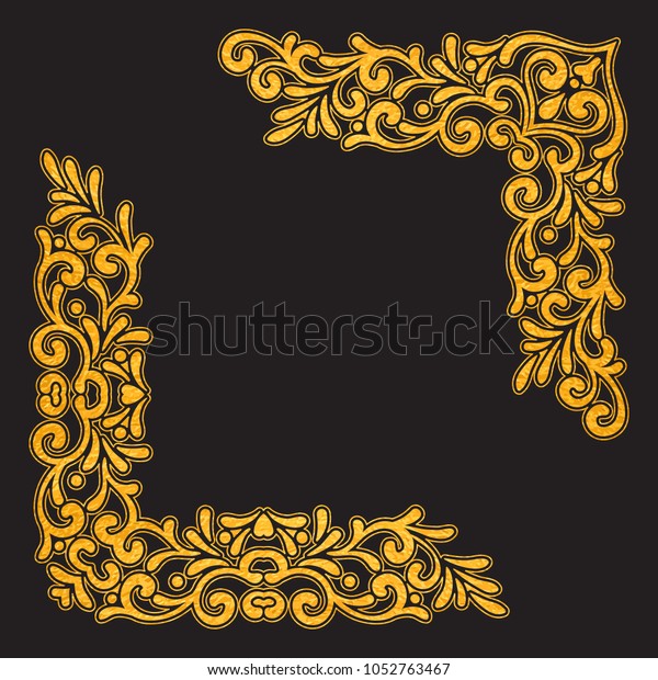 Gold textured\
vintage corners on black background. Elegant hand drawn retro\
floral border. Design element for wedding invitation or menu,\
banner, postcard, save the date card.\
