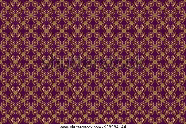 Gold tiles with floral motif. Purple and golden\
vintage textile print. Seamless pattern oriental ornament. Islamic\
raster design.