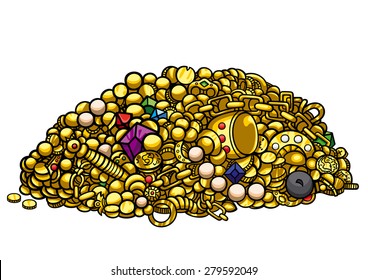 Gold Treasure. Illustration A Pile Of A Gold Treasure, Pearls, Gems, Coins, Artefacts. 