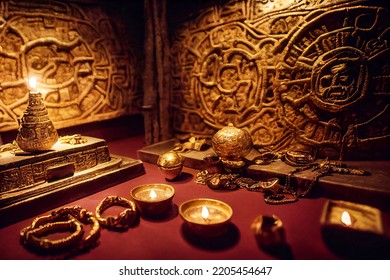 Gold Treasure Of Maya Or Aztec, Gold Jewelry, Precious And Ancient Golden Objects Of The Ancient American Pyramid Civilizations, 3d Illustration