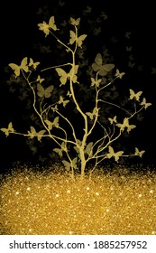 gold tree and butterfly abstract art with black background