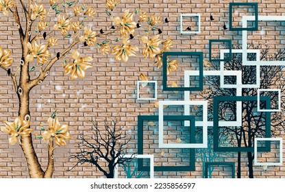 Gold Tree.White And Grey Square.Bricks Layer Wallaper Hd.3D Illustration 