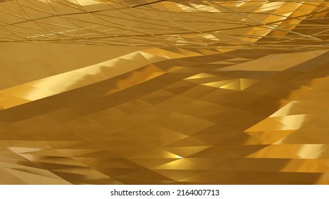 Gold Triangular Architecture Is Covered By Gold Wireframe (3D Rendering)