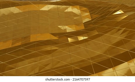 Gold Triangular Architecture Is Covered By Gold Wireframe (3D Rendering)