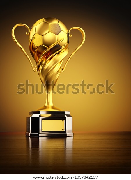 優勝賞としての金トロフィー 黄色い背景に金色のサッカーボールを持つサッカーの優勝カップ 3dイラスト のイラスト素材